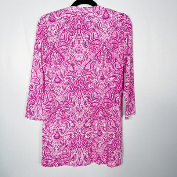 J McLaughlin S Pink White Paisley Printed Tunic Top Catalina Cloth Split V Neck - Picture 2 of 8
